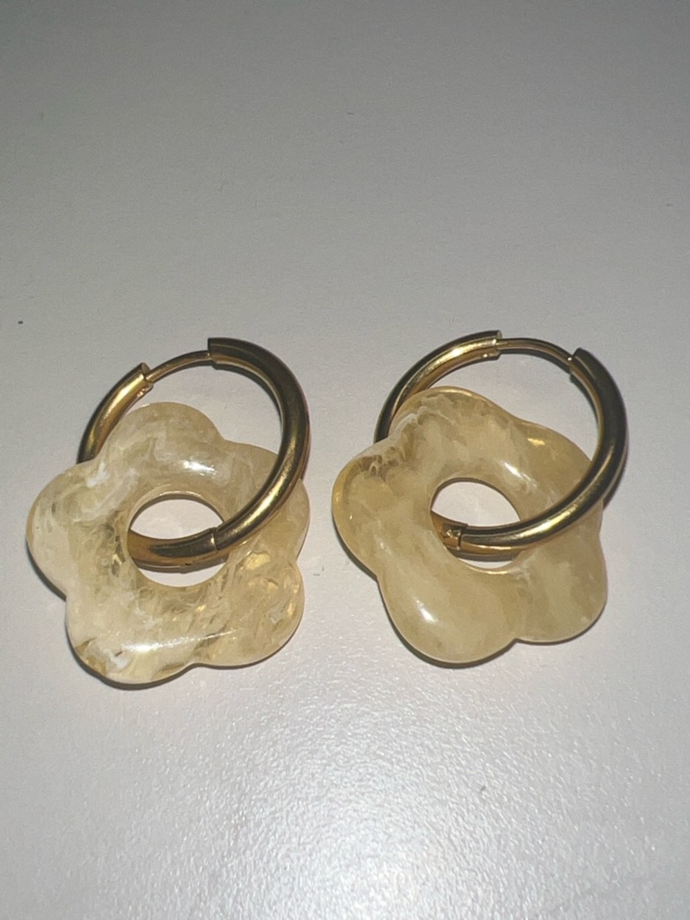 Gold Hoop Earrings with Cream Flower Charms - Women Jewelry